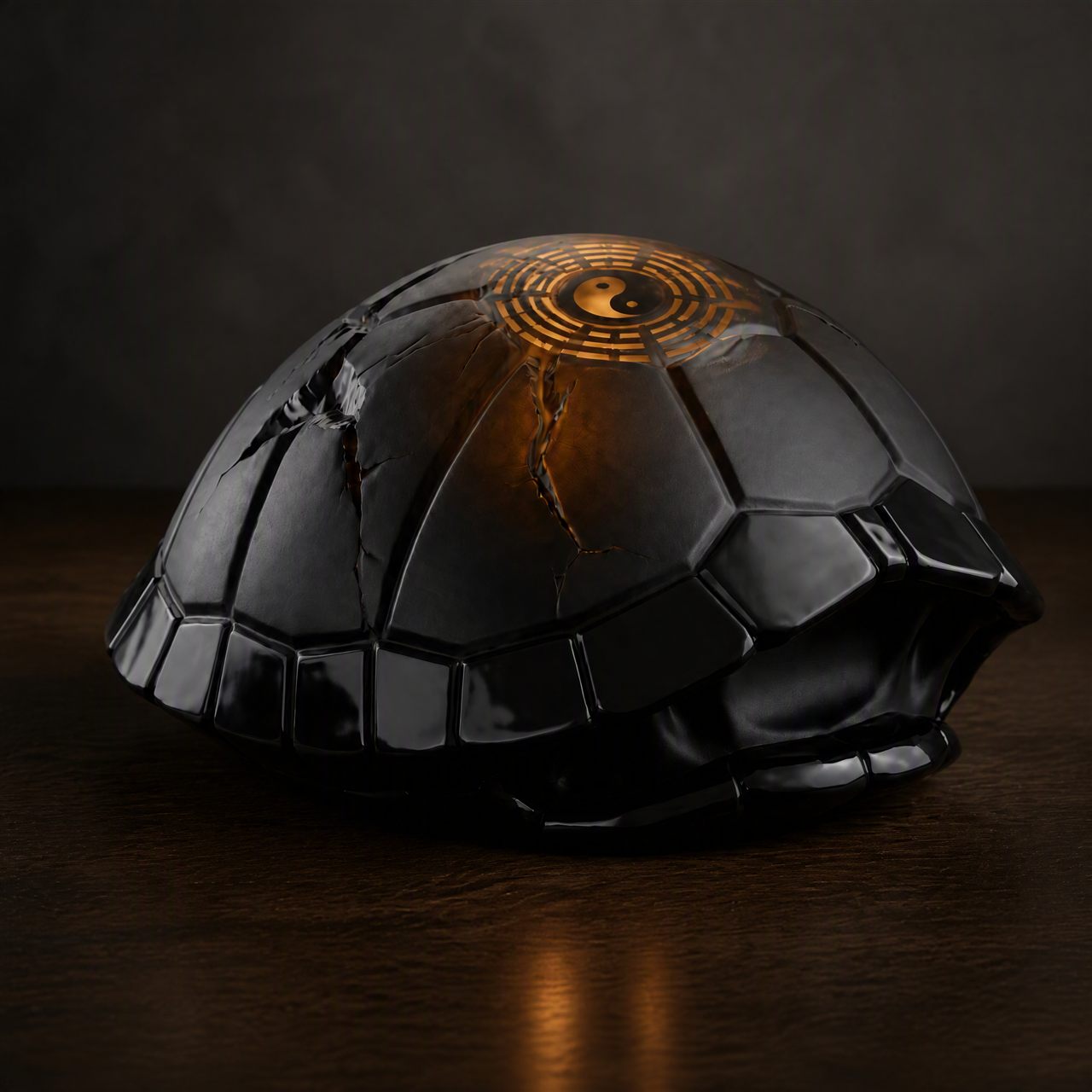 THE YI obsidian turtle-shell oracle with a glowing yin-yang emblem on dark wood