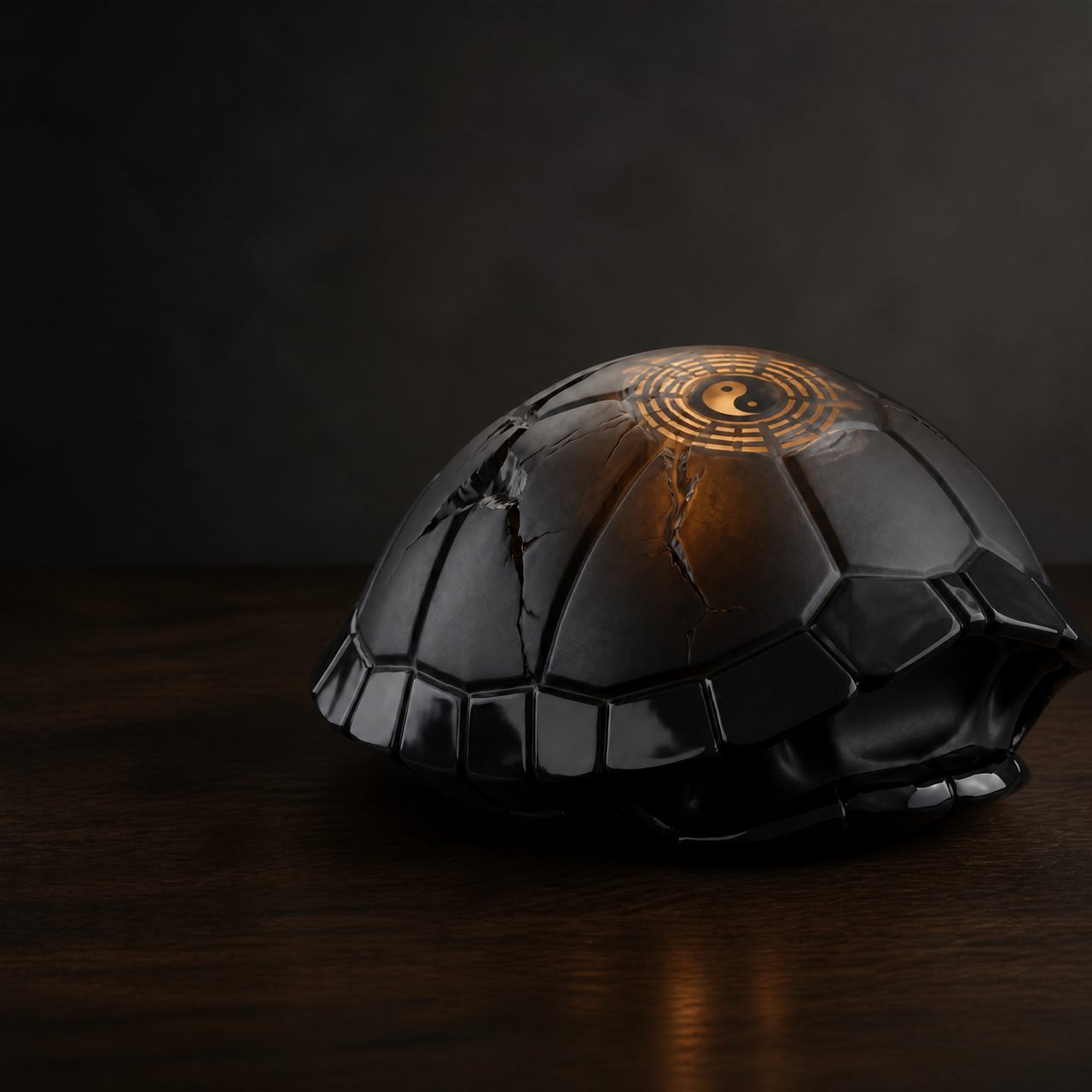 THE YI obsidian shell with a glowing yin-yang emblem